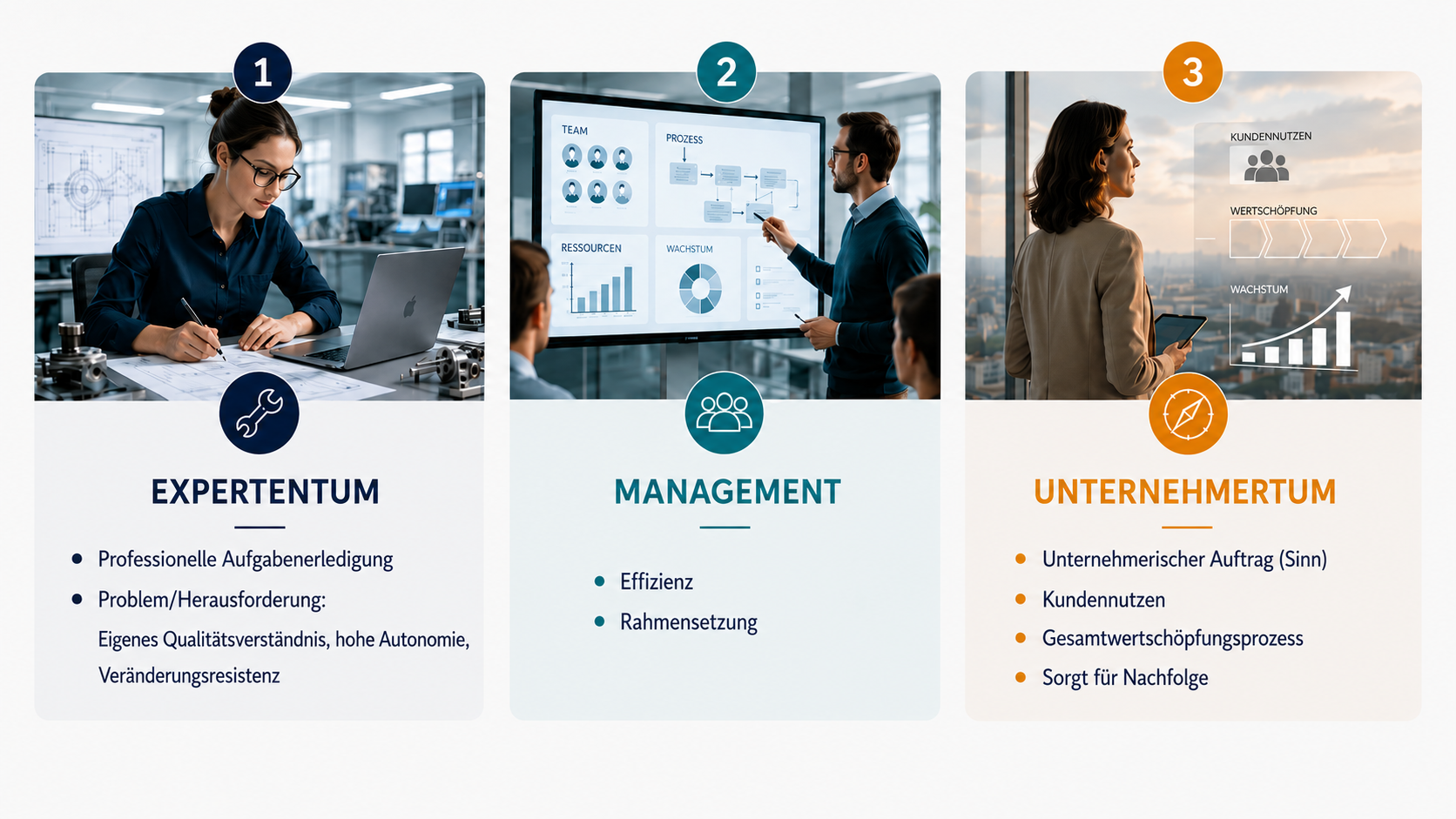 Grafik der 3 Basisrollen im Unternehmen: Expertentum, Management und Unternehemertum