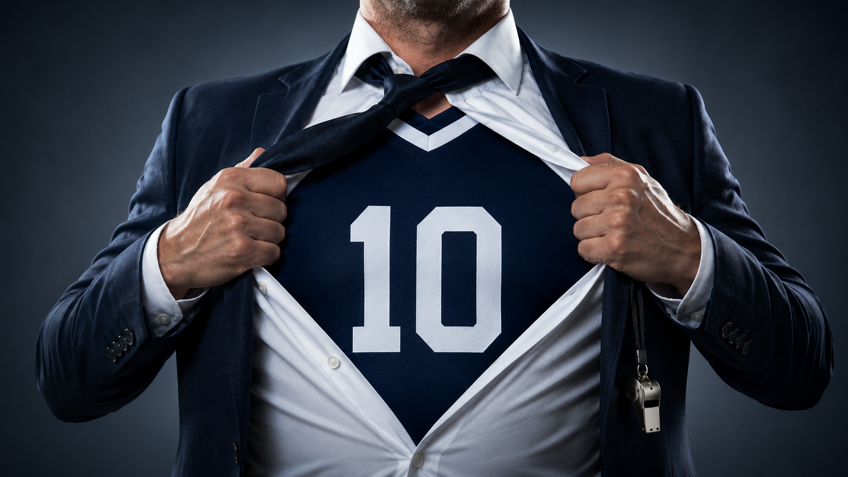 Führungskraft im Anzug öffnet ihr Hemd und zeigt darunter ein Fußballtrikot mit der Nummer 10 und einer Pfeife