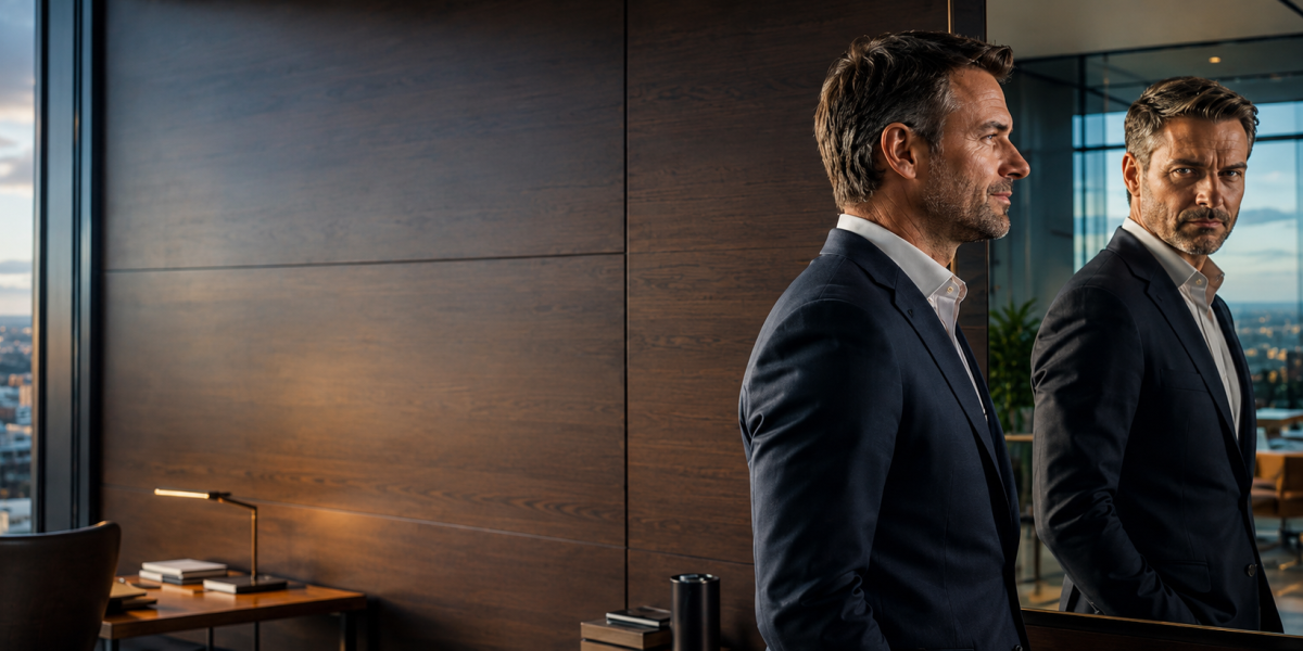 Manager steht vor Spiegelbild
