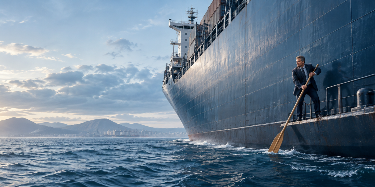 Ein Geschäftsmann versucht ein Schiff mit einem Ruder zu wenden