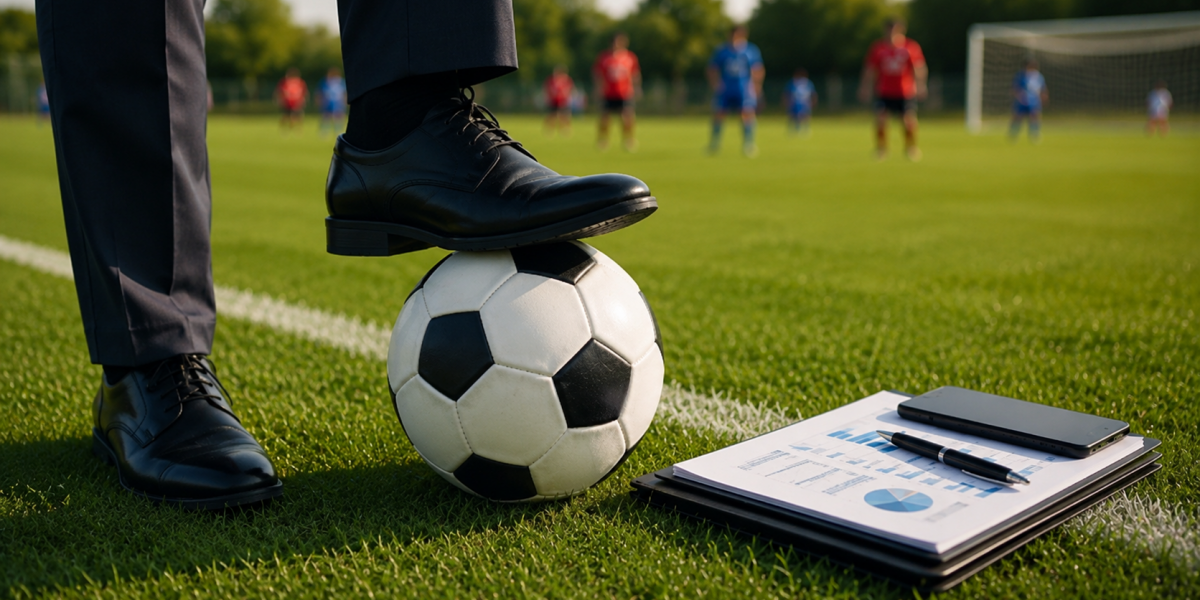 Führungskraft im Anzug mit Fuß auf einem Fußball, daneben Unterlagen und Smartphone am Spielfeldrand