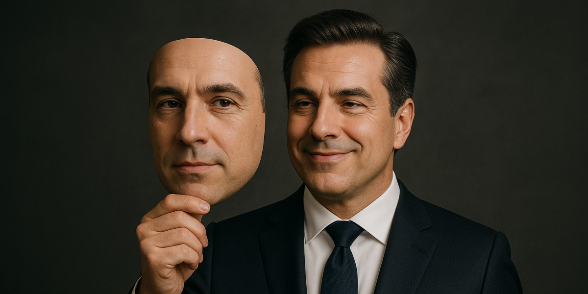 Chef lächelt und in der Hand hält er eine Maske mit seinem Gesicht.